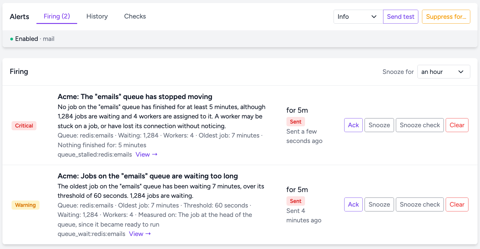 The Alerts screen with two alerts firing for the emails queue: a critical "queue has stopped moving" alert, with 1,284 jobs waiting and 4 workers assigned, and a warning that its jobs are waiting too long, each with Ack, Snooze and Clear buttons.