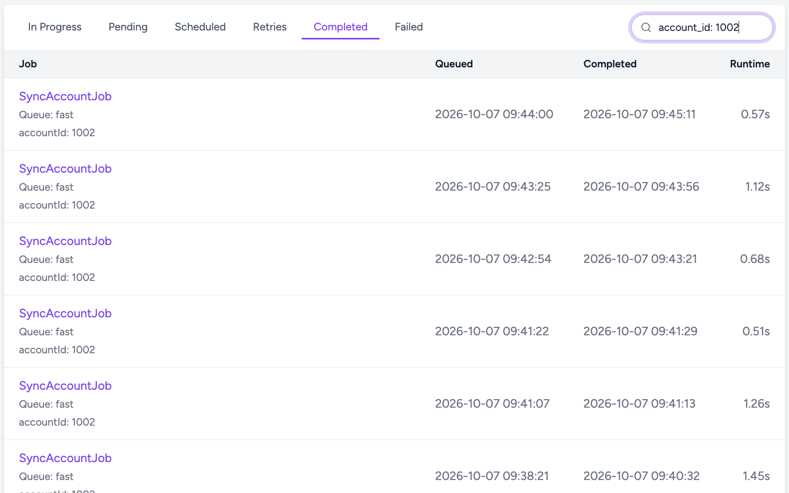 The Completed jobs screen filtered by the search account_id: 1002, listing only the SyncAccountJob runs for account 1002 with their arguments.