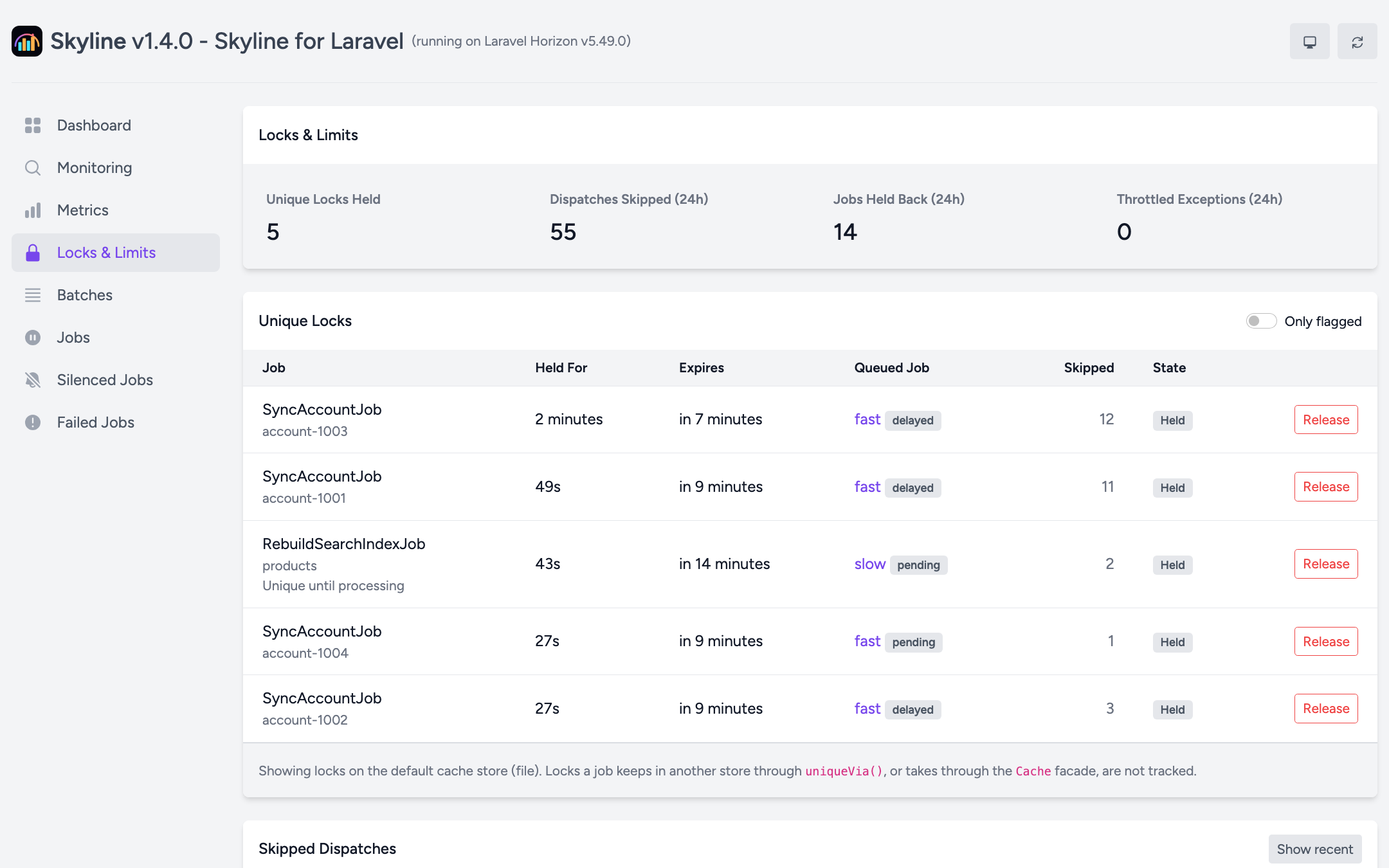 The Locks & Limits screen listing held ShouldBeUnique locks with their age, expiry, queued job and skipped-dispatch count.