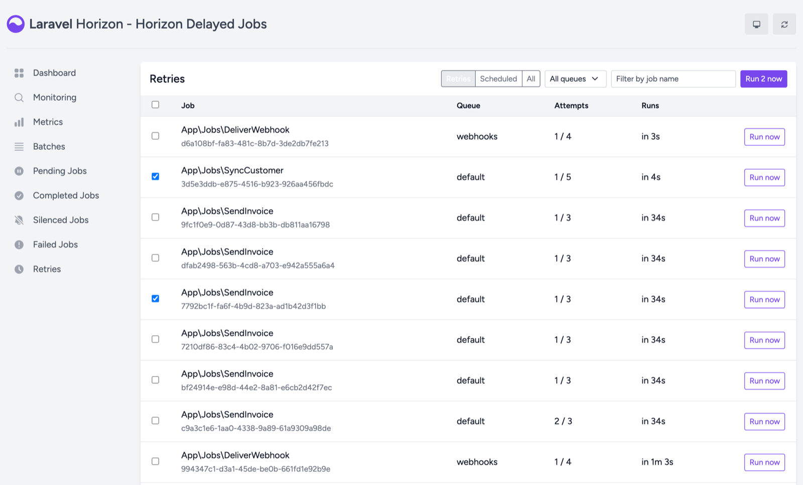 The Retries page inside the Laravel Horizon dashboard, listing released jobs with their queue, attempt count, time until they run and a Run now button.